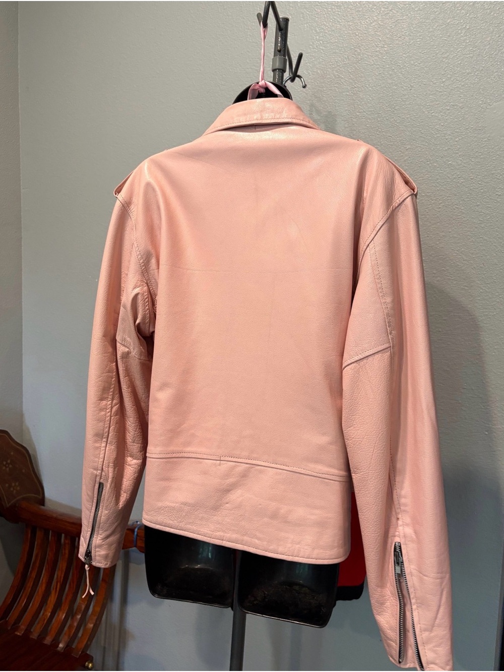 Unik Light Blush Pink Asymmetrical Moto Leather Jacket - Picture 3 of 7